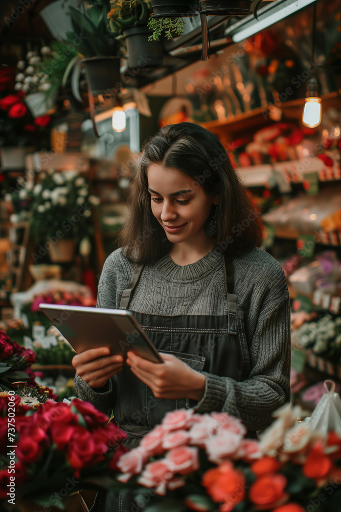 Caucasian woman using tablet in flower shop. Caucasian woman using tablet in flower shop.
