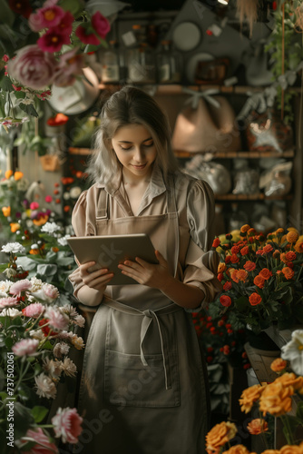 Caucasian woman using tablet in flower shop.