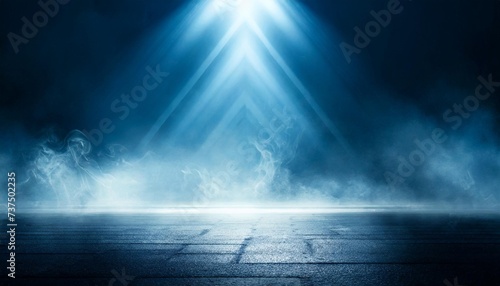 a dark empty street dark blue background an empty dark scene neon light spotlights the asphalt floor and studio room with smoke float up the interior texture night view