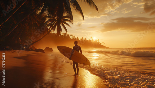 Active surfer man go out ocean waves after surfing with long board on beach sea coast litted with sunset light during golden hour. Exotic vacations, active free people activities and freedom concept