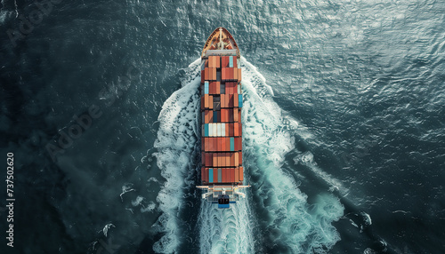 Beautifull aerial drone point view to full loaded Container ship going by the ocean waves leaving foamy trace. International cargo shipping, maritime delivery, e-comerce industries concept image.