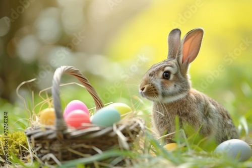 Happy Easter Eggs Basket spring green. Bunny in flower easter Magnolia decoration Garden. Cute hare 3d precious easter rabbit spring illustration. Holy week rose shimmer card wallpaper Love