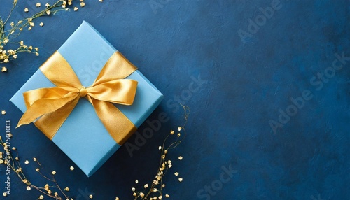 gift box top view elegant blue present box with golden bow on a dark blue background copy space background for greeting card for birthday fathers day mother s day illustration photo