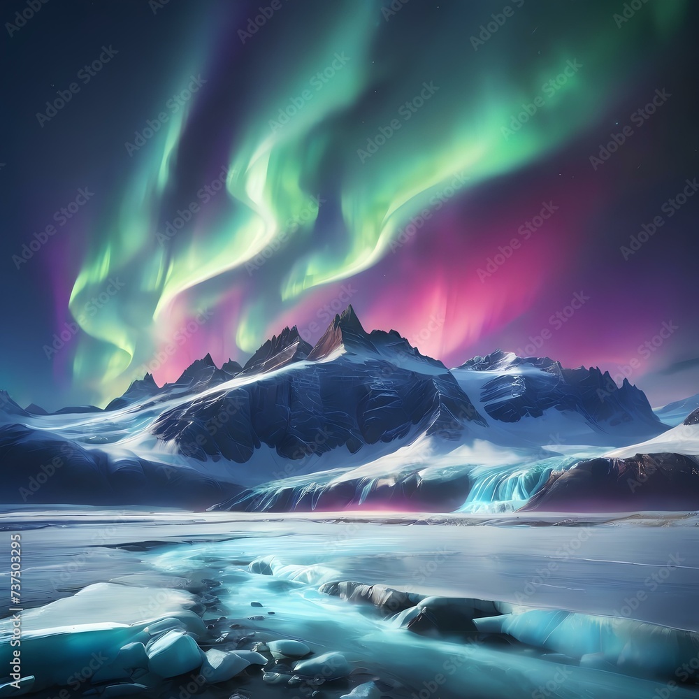 Mesmerizing Long Exposure Photography: A Vivid Neon Pink and Green Aurora Illuminates the Majestic Mountain Landscape in this Stunning Illustration