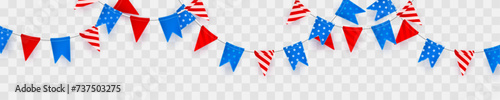 Header with garland with red and blue flags with stars and stripes isolated on transparent background. Elements for American, USA Holidays, decor, design, paty, banner, poster, greeting card photo
