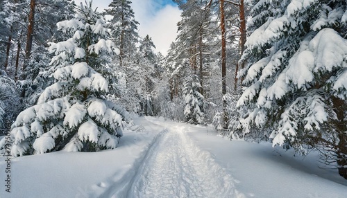 path in the snow among snowdrifts and snow covered trees in the winter forest