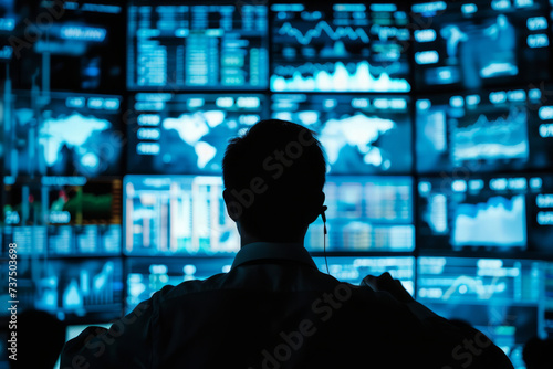 Financial expert surrounded by digital screens displaying statistics and graphs. Stock market trends. Generative AI