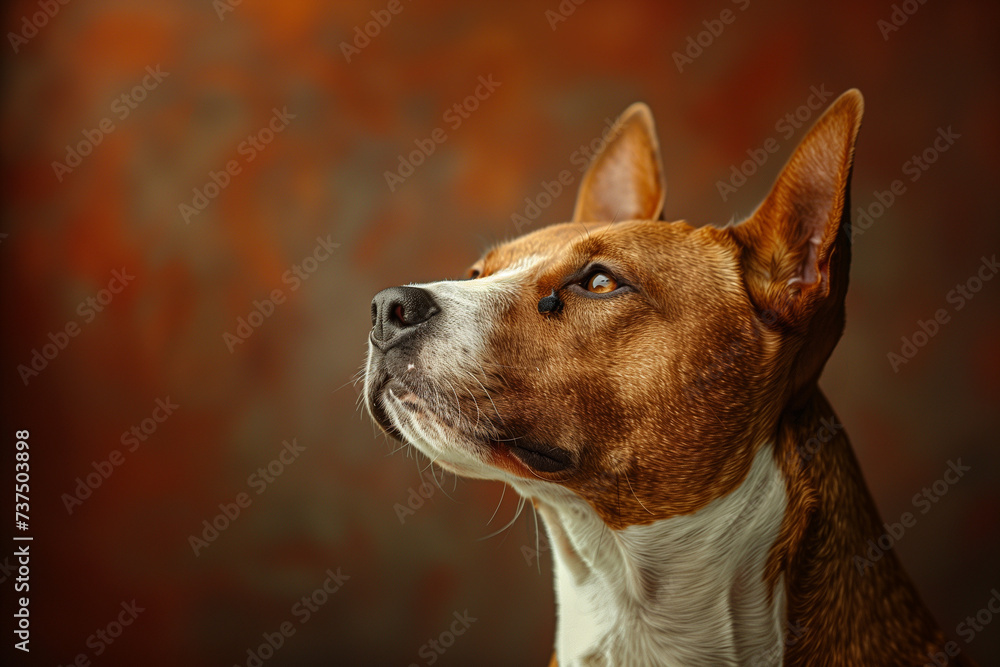 A beautiful brown and white dog looking up.
