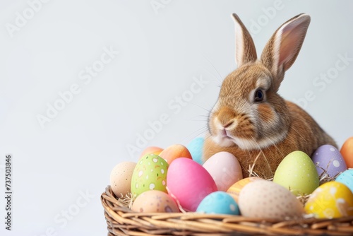 Happy Easter Eggs Basket easter honeysuckle. Bunny in flower easter Flowering decoration Garden. Cute hare 3d fruits easter rabbit spring illustration. Holy week Lemon card wallpaper jovial