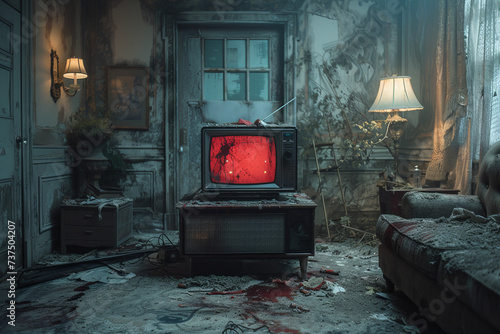 eerie red television screen in dirty living room