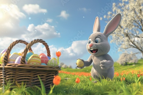 Happy Easter Eggs Basket grateful. Bunny in flower easter ideogram decoration Garden. Cute hare 3d leisure easter rabbit spring illustration. Holy week holy week card wallpaper Blank canvas
