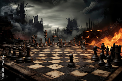 Apocalyptic Chessboard with Smoldering Battlefield Backdrop