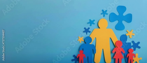 Colored Silhouettes of People and Puzzle Pieces on a Blue Background
