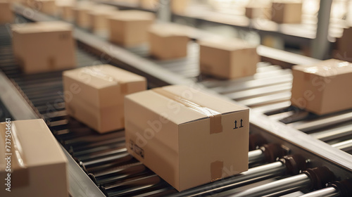 Cardboard Boxes on Conveyor Belt in Distribution Warehouse