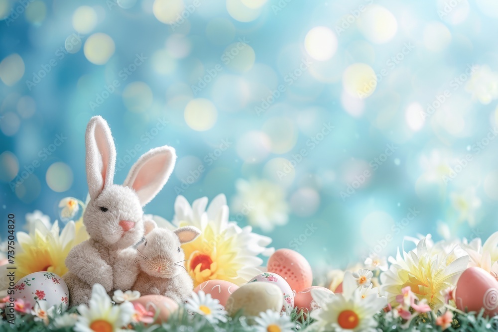 Happy Easter Eggs Basket Sapphire blue. Bunny in flower easter turmeric decoration Garden. Cute hare 3d natural easter rabbit spring illustration. Holy week copy area card wallpaper vibrant Happy Easter Eggs Basket Sapphire blue. Bunny in flower easter turmeric decoration Garden. Cute hare 3d natural easter rabbit spring illustration. Holy week copy area card wallpaper vibrant