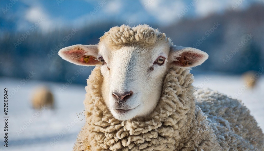sheep close up in winter landscape