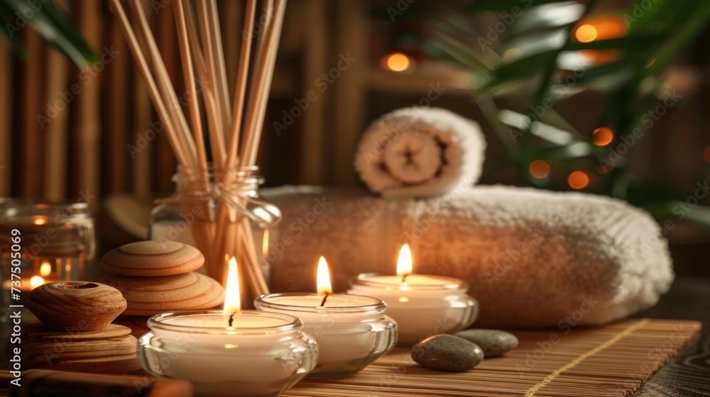 A serene spa setting with glowing candles and an aromatic reed freshener on a table, inviting relaxation and tranquility A serene spa setting with glowing candles and an aromatic reed freshener on a table, inviting relaxation and tranquility