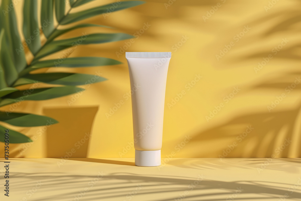 Suncream sun lotion packaging mockup tube on a bright sunny background with tropical palmtree leaf Suncream sun lotion packaging mockup tube on a bright sunny background with tropical palmtree leaf