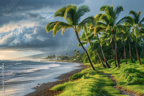 a row of palm trees after a storm with the sun shining through the dark clouds in hawaii © meta-frames