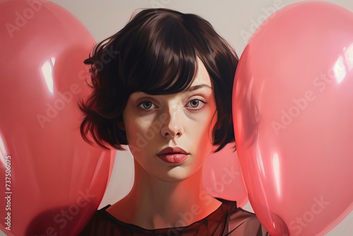 Elegant Woman holding pink balloon portrait. Cute young girl. Generate Ai