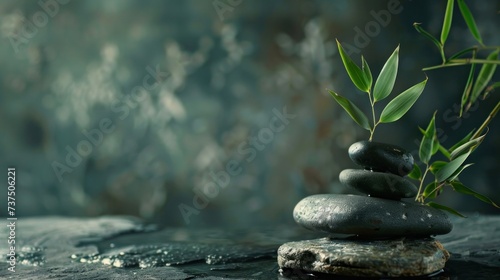  peaceful spa still life composition with neatly stacked stones and a vibrant bamboo leaf, symbolizing harmony and natural balance photo