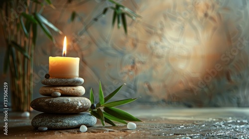  A tranquil spa still life arrangement featuring neatly stacked stones, a gently burning candle