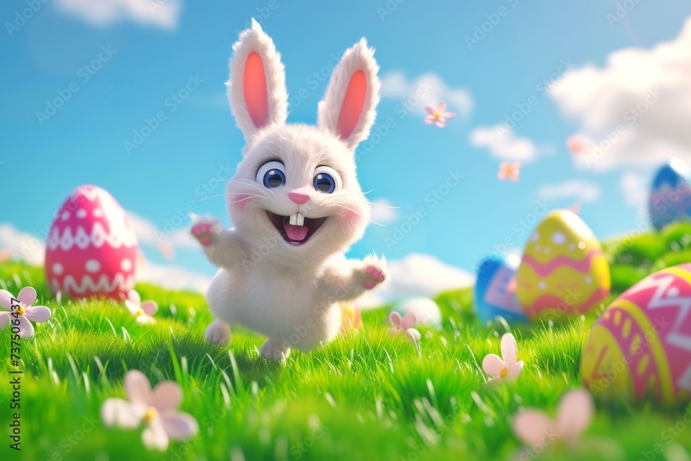 Fototapeta premium Happy Easter Eggs Basket shenanigans. Bunny in flower easter vivacious decoration Garden. Cute hare 3d hilarity easter rabbit spring illustration. Holy week Feast card wallpaper Technicolor