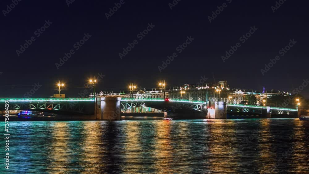 SAINT-PETERSBURG, RUSSIA - JUNE, 2023: Timelapse hyperlapse view drawbridge in St. Petersburg at night on embankment of the Neva River. Swing bridges are famous sight of a northern city. SAINT-PETERSBURG, RUSSIA - JUNE, 2023: Timelapse hyperlapse view drawbridge in St. Petersburg at night on embankment of the Neva River. Swing bridges are famous sight of a northern city.