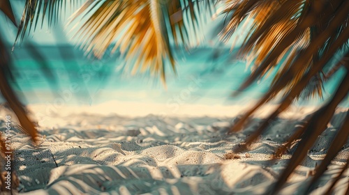 A summer paradise captured with an exotic sandy beach in the foreground, where blurred palms and the sea create a dreamy, distant background