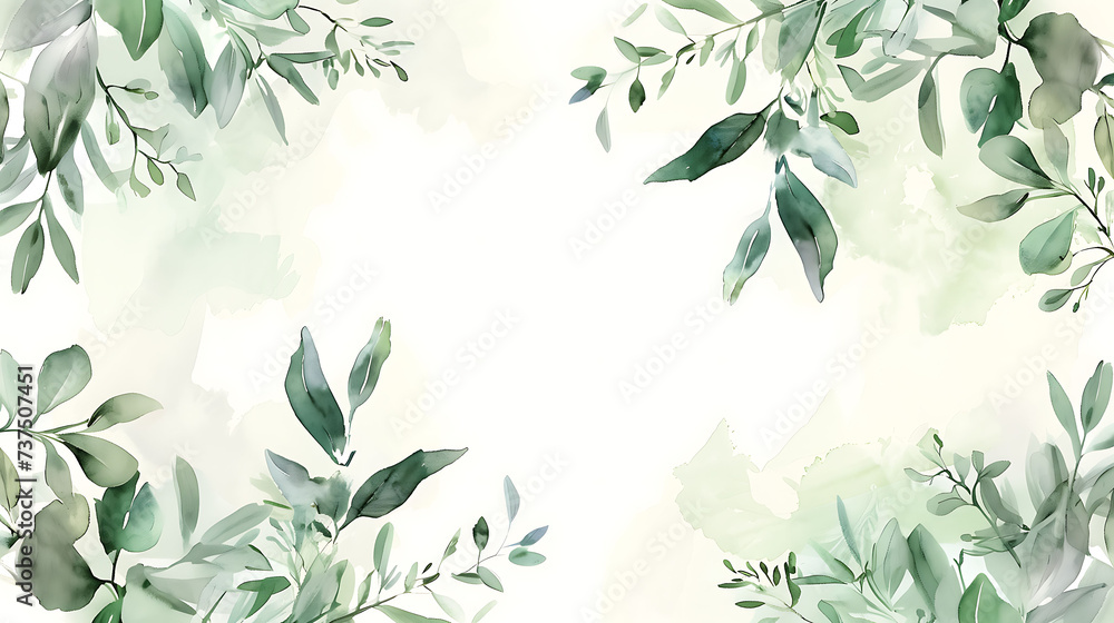 Seamless watercolor floral pattern. Green leaves and branches composition on white background for wallpapers, postcards, greeting cards, wedding invitations, romantic events - obrazy, fototapety, plakaty 