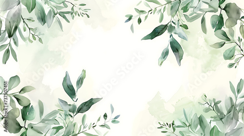 Fototapeta Naklejka Na Ścianę i Meble -  Seamless watercolor floral pattern. Green leaves and branches composition on white background for wallpapers, postcards, greeting cards, wedding invitations, romantic events