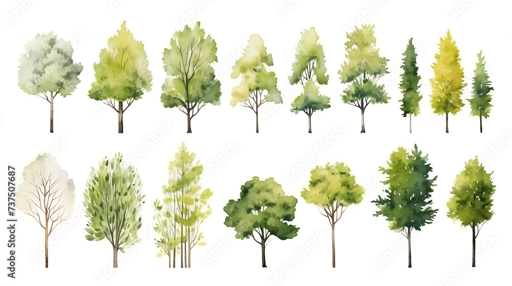 Set of watercolor green tree isolated on white background for landscape and architecture drawing, elements for environment and garden, botanical for section in spring - obrazy, fototapety, plakaty 