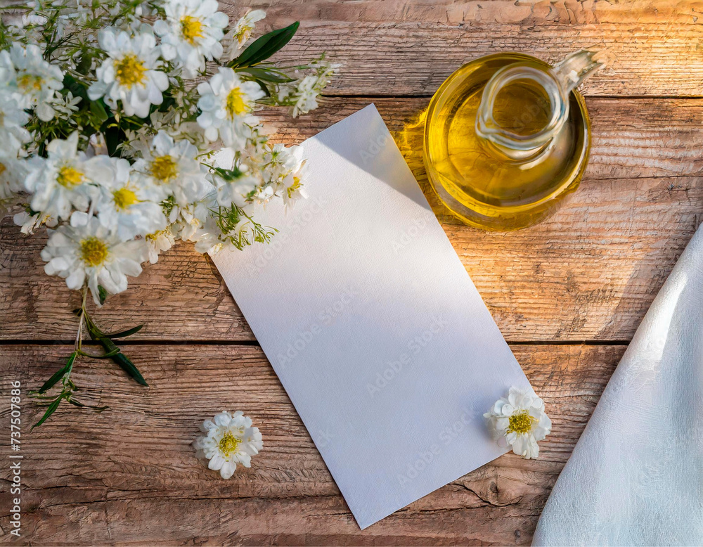 Um cardápio em branco (para escrever), sobre uma mesa de madeira, com um arranjo de flores brancas e um vidro de azeite e um guardanapo branco.