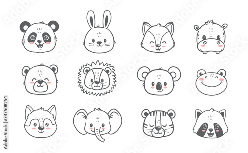 set of animals. Doodle illustration of bear, wolf, fox,  raccoon, hare, lion, tiger, elephant, hippo, koala for cards, magazins, banners. Vector illustration