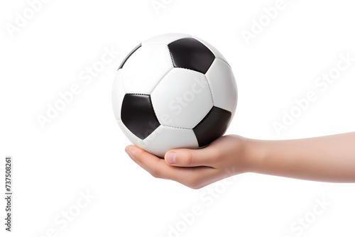 child boy hand hold soccer ball isolated on white background