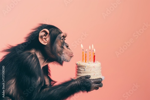 Fototapeta Naklejka Na Ścianę i Meble -  Monkey having birthday party with cake with candles. Ai generative art