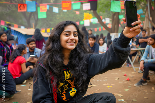 Radiant young woman taking a selfie with a crowd at a cultural fest in the background.