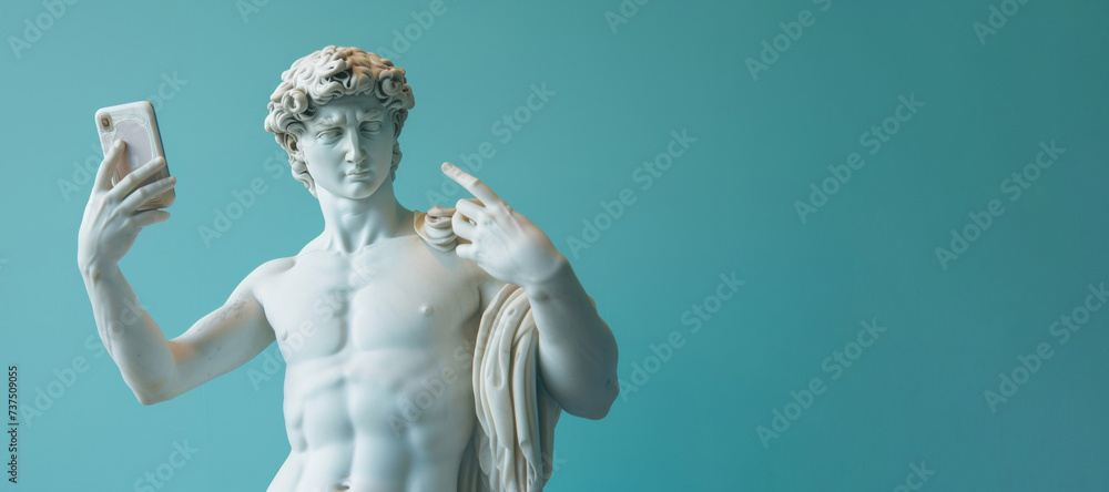 Classical Statue with a Modern Twist Taking a Selfie, Blue Background