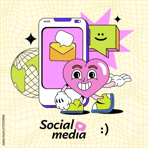 Social media platform in flat style. Cartoon character near the phone and communication text bubbles. Сoncept, hearts, chat, tooltip on light yellow background. Vector illustration in retro style