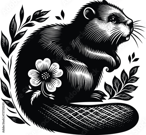 beaver silhouette flowers ornament decoration, floral vector design