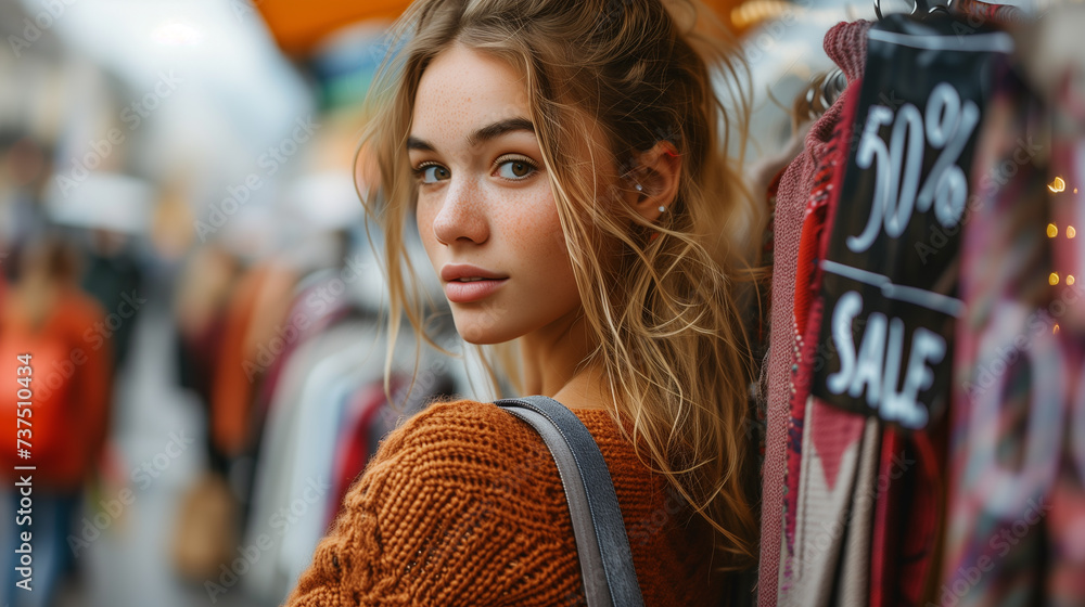 Portrait of a young woman outside from an clothing store.