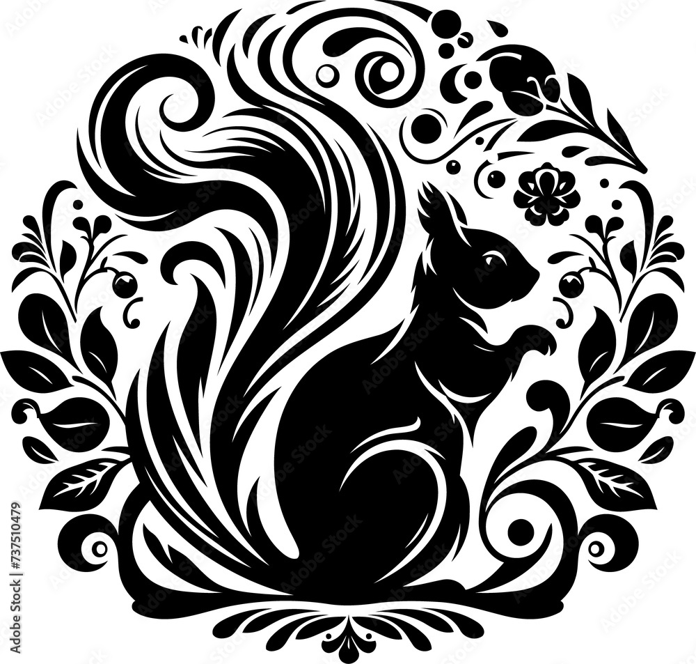 Fototapeta premium squirrel silhouette flowers ornament decoration, floral vector design