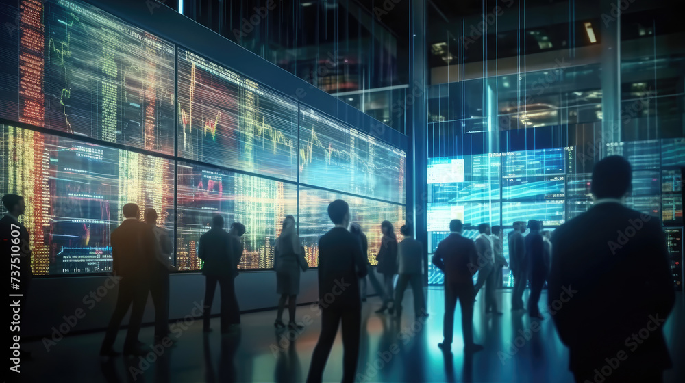People looking at digital stock market display People looking at digital stock market display