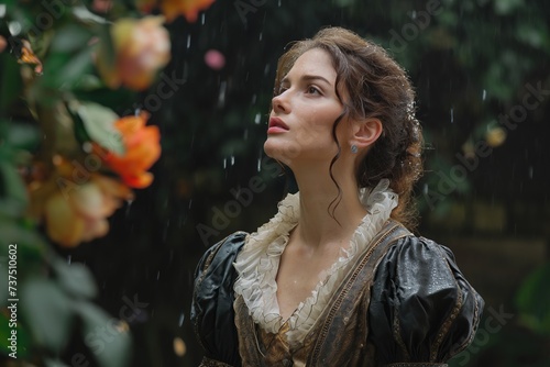 A photo of a woman standing in the rain wearing a old dress.