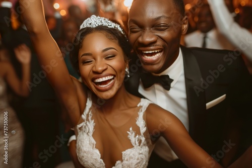 A newlywed couple joyfully dancing together at their wedding celebration.