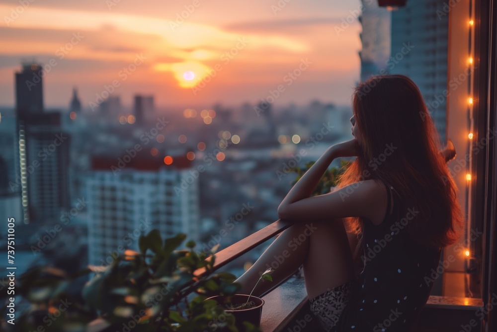 Fototapeta premium A woman calmly sits on a window sill, looking out at the bustling city.