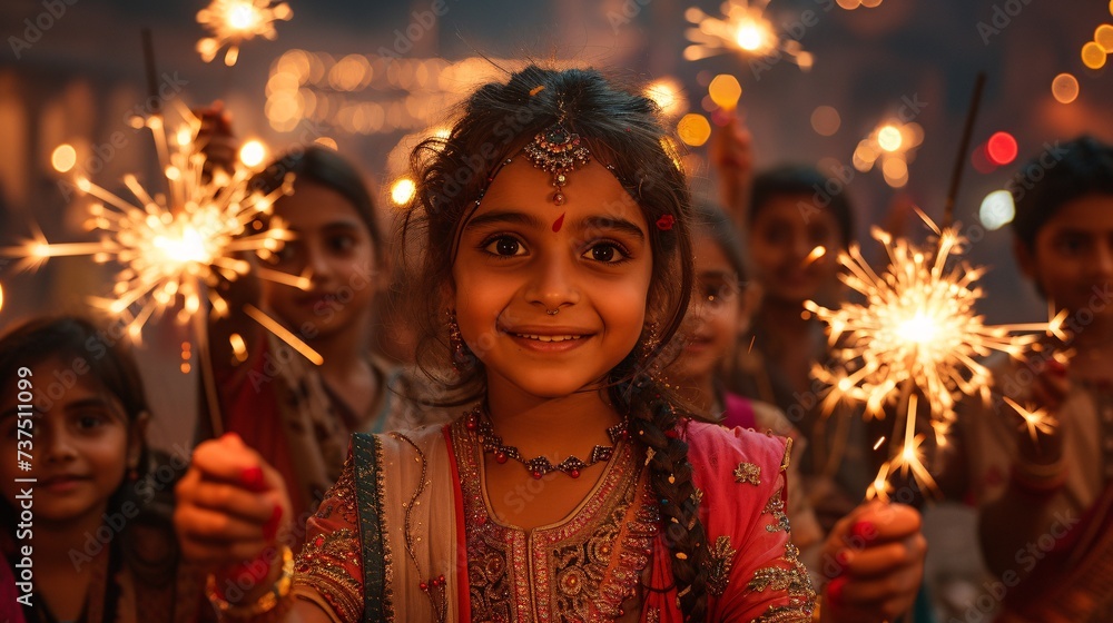Glowing Girl Celebrates Diwali with Sparkling Fireworks Generative AI Glowing Girl Celebrates Diwali with Sparkling Fireworks Generative AI