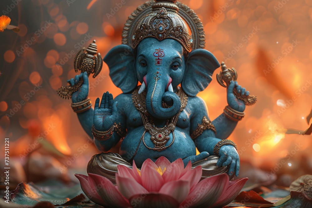 Ganesh the Elephant God A Blue and Gold Statue for the Month of August Generative AI