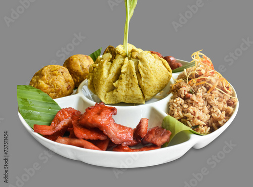 Amazonian round: Juanes, typical Amazonian food in banana leaves. Typical jungle food with rice, chicken and dresses. Peruvian food