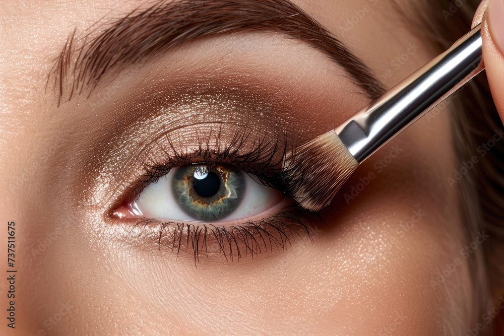 Naklejka premium A makeup artist is applying eyeshadow on a young beautiful woman